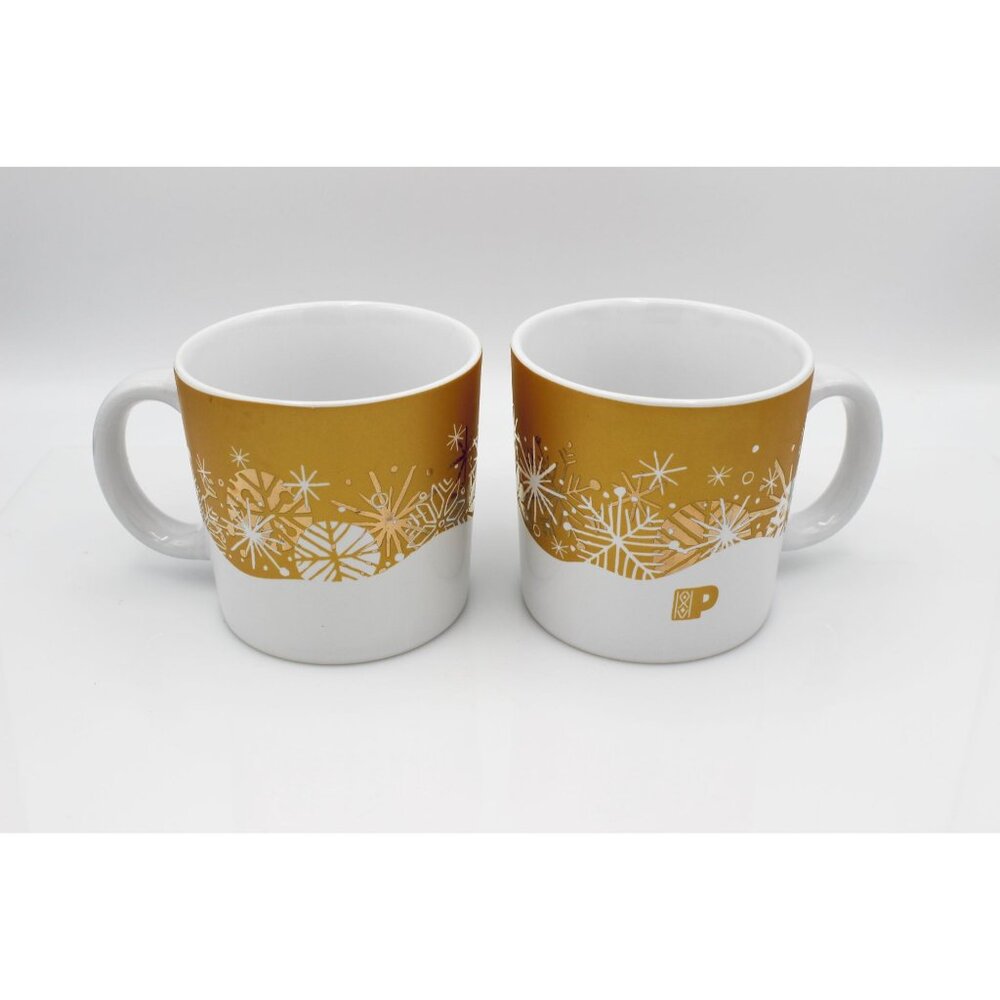 Peet's Coffee Holiday Christmas Mug Winter Metallic Gold Snowflakes 12 oz. Set o